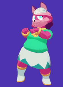 a cartoon drawing of a fox wearing a green shirt and a white skirt