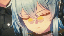 a close up of a blue haired anime girl with glasses and a choker .
