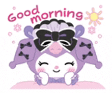 a purple sheep with a bow on its head is sitting on a pillow and says `` good morning '' .