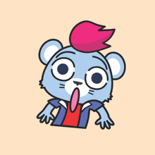 a cartoon drawing of a blue bear with a red mohawk