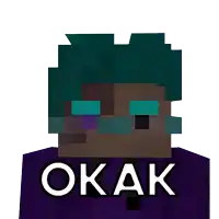 a minecraft character with a purple shirt that says okak on it