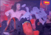 a painting of a crowd of people with a yellow arrow pointing to the left