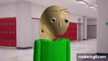 a cartoon character with a green shirt is standing in a hallway with lockers