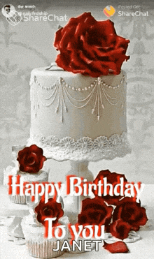 a happy birthday to you janet greeting with a white cake and red roses