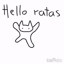 a black and white drawing of a cat with the words hello rata written below it