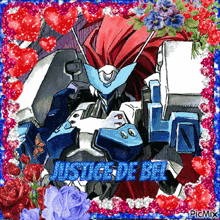 a picture of a robot with the words justice de beel written in blue