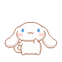 a pixel art drawing of a white bunny with blue eyes and ears .