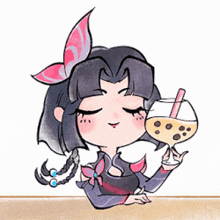 a cartoon of a girl holding a glass of bubble tea with a straw