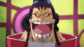 a close up of a cartoon character with glasses and a large smile .