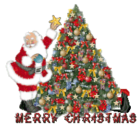 a christmas tree with a santa claus holding a star in front of it