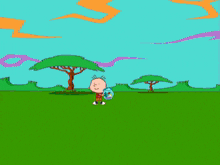 a cartoon of a boy standing next to a herd of zebra