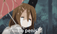 a girl with a red umbrella is crying with the words " no penis " above her
