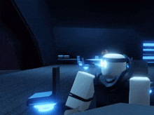 a video game character is standing in a dark room with blue lights