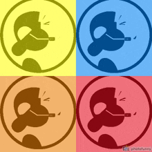 four different colored circles with a man smoking a cigarette in them