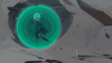 a person in a blue jacket is standing in a green bubble