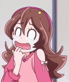 a cartoon girl with brown hair and a pink headband is crying with her mouth open