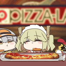 cartoon characters eating pizza in front of a sign that says pizza u