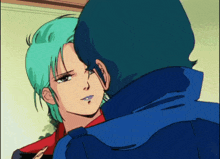 a man and a woman are looking at each other and the woman has blue hair