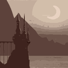 a castle sits on a hill overlooking a body of water with a crescent moon in the background