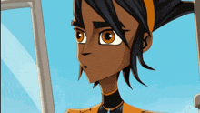 a close up of a cartoon character 's face with a blue sky in the background