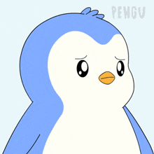 a penguin with a sad look on its face and the word pengu behind it