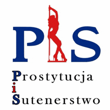 a blue and red logo for ps prostytucja i sutenerstwo with a pole dancer