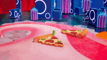 two slices of pepperoni pizza are sitting on a pink carpet