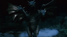 a dragon with two heads and wings is standing in the dark in the woods .