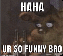 a picture of a teddy bear holding a bottle of beer with the words `` haha ur so funny bro '' .