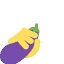 a hand is holding a purple eggplant with a green top .