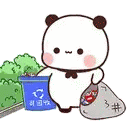 a panda bear is holding a bag of trash next to a trash can .
