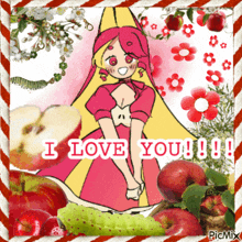 a picture of a girl surrounded by apples that says i love you !!!