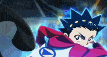 a young boy with a blue haircut and a red jacket is standing in front of a black object .