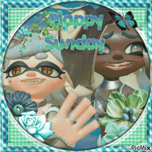a picture of two cartoon characters with the words happy sunday written on it