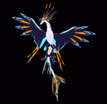 a drawing of a dragon with blue and yellow wings