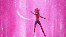 ladybug from miraculous ladybug is wearing a cowboy hat and standing in front of a pink curtain .