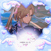 a picture of yanqing solo de lester surrounded by pink hearts