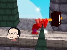 a cartoon of a man with glasses standing next to a red cartoon character