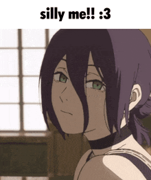 a picture of a girl with purple hair and the words silly me 3