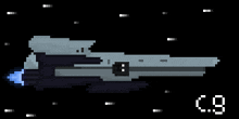 a pixel art drawing of a space ship with the letters c.g. below it
