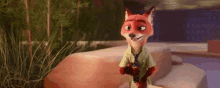 a cartoon fox is standing in front of a couch in a room .