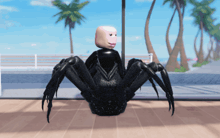 a black spider with a white head is sitting on a tiled floor