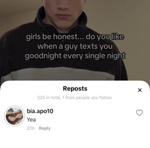 a screenshot of a post that says girls be honest do you like when a guy texts you good night every single night