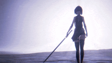a girl in a black dress is holding a sword in her right hand