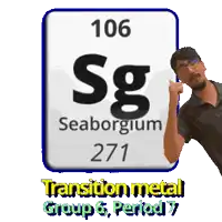 a man giving a thumbs up in front of a sign that says 106 seaborgium 271 transition metal group & period 7