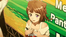 a girl with purple eyes is holding a pen and the word viole is on the bottom right