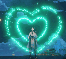 a person standing in front of a green heart