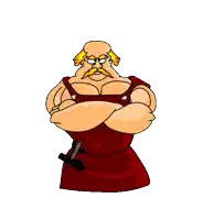 a cartoon of a man with a red apron and a hammer around his waist
