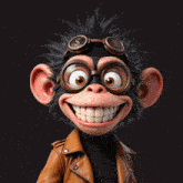 a cartoon monkey wearing goggles and a brown jacket smiles