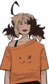 a drawing of a girl wearing an orange t-shirt with a smiley face on it